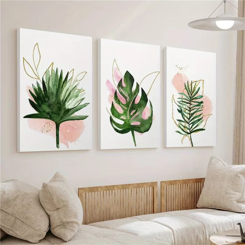3pcs Green Pink and Golden Plant Wall Art Set Canvas Framed 40x60cm - High Quality Print 100% Australian Made Wall Canvas Ready to Hang