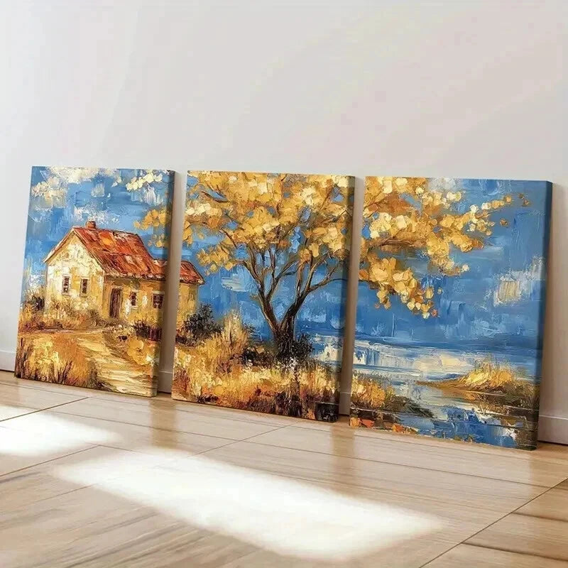 3pcs Autumn Cottage Golden Tree Serene Landscape Wall Art Set Canvas Framed 50x70cm - High Quality Print 100% Australian Made Wall Canvas Ready to Hang - Bella Home Decor
