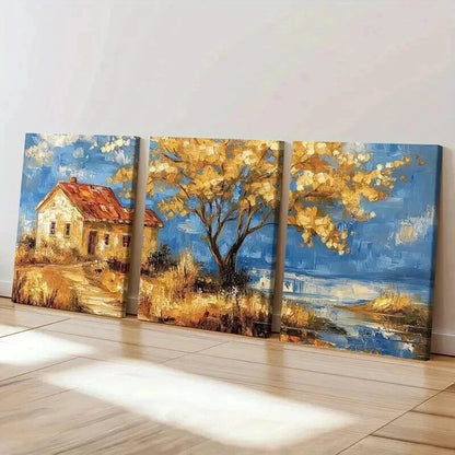 3pcs Autumn Cottage Golden Tree Serene Landscape Wall Art Set Canvas Framed 50x70cm - High Quality Print 100% Australian Made Wall Canvas Ready to Hang - Bella Home Decor