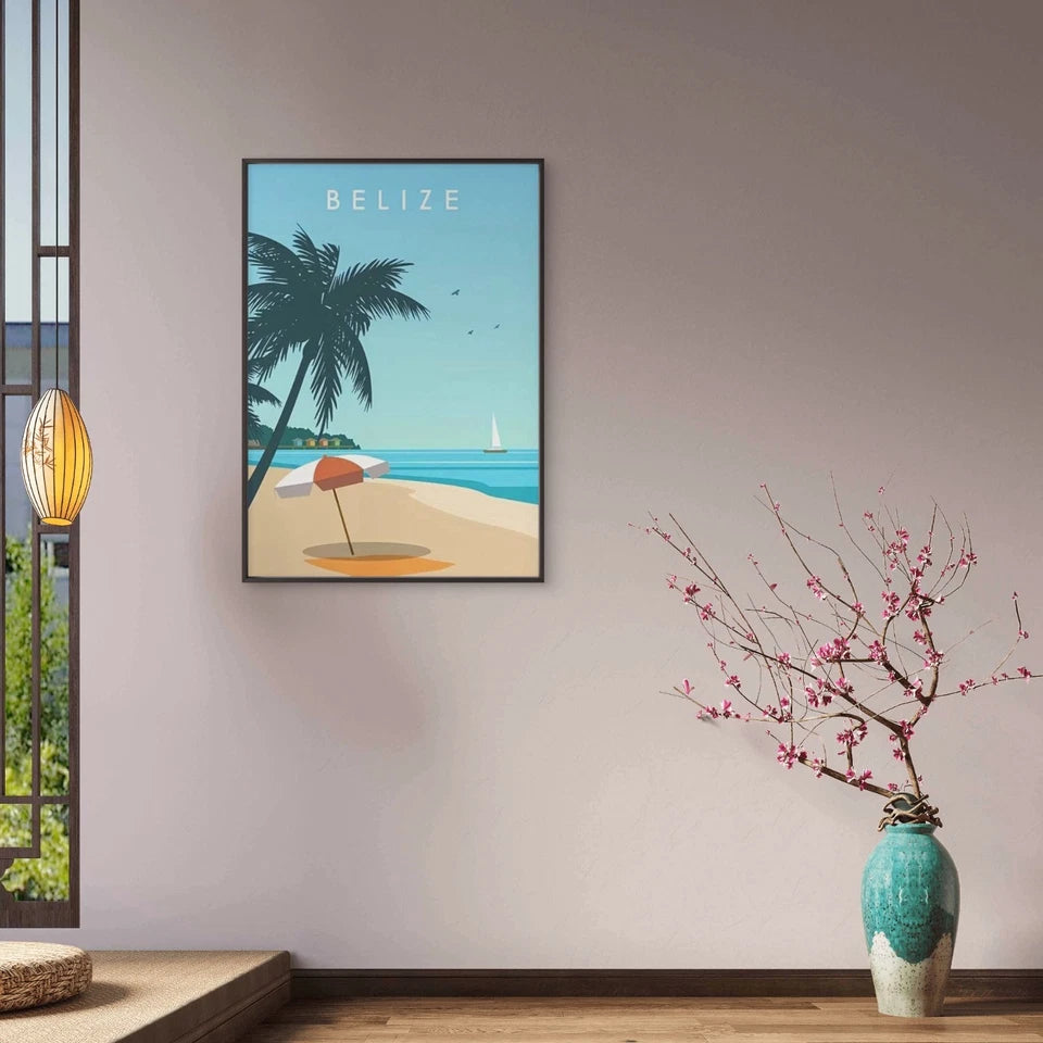 Sunlit Sandy Shoreline Tropical Beach Scene Travel Poster Print Wall Art - Bella Home Decor