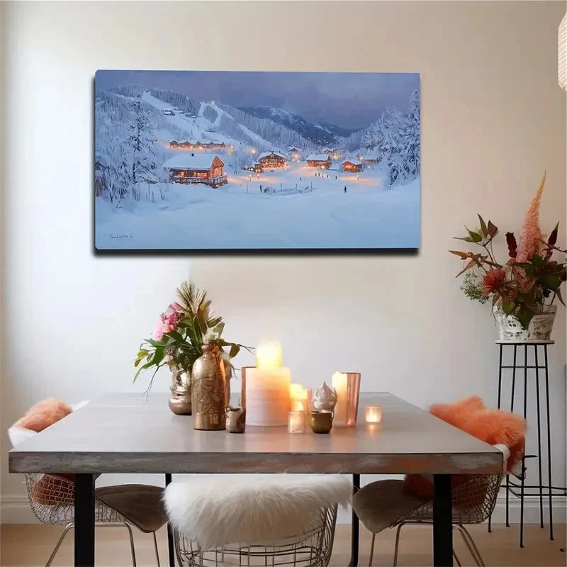 Winter Mountain Village Scene Wall Art Canvas Office Home Room Framed 120x60cm