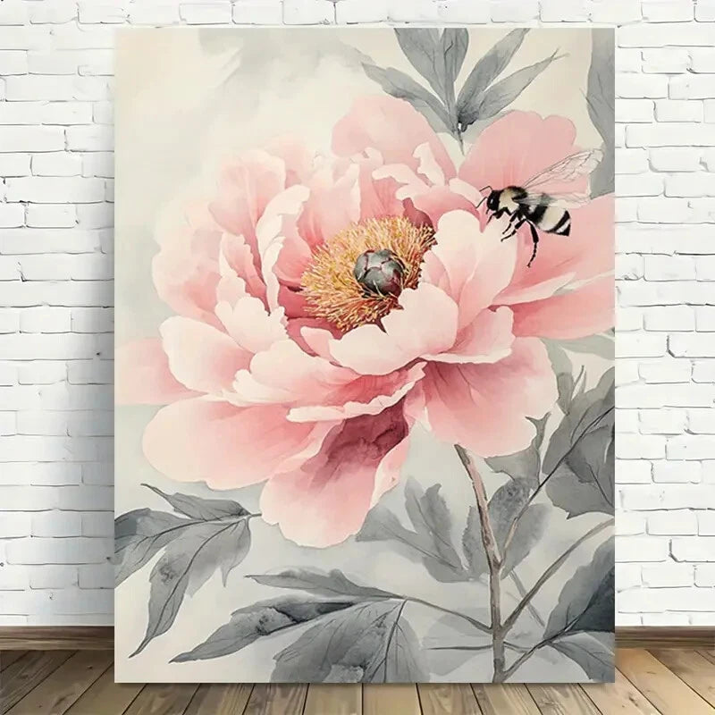 Beautiful Elegant Pink Peony With Bee Painting 40x60cm Metal Print Ready to Hang - Bella Home Decor