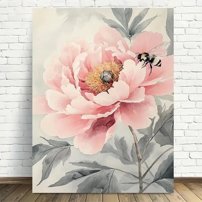 Beautiful Elegant Pink Peony With Bee Painting 40x60cm Metal Print Ready to Hang - Bella Home Decor