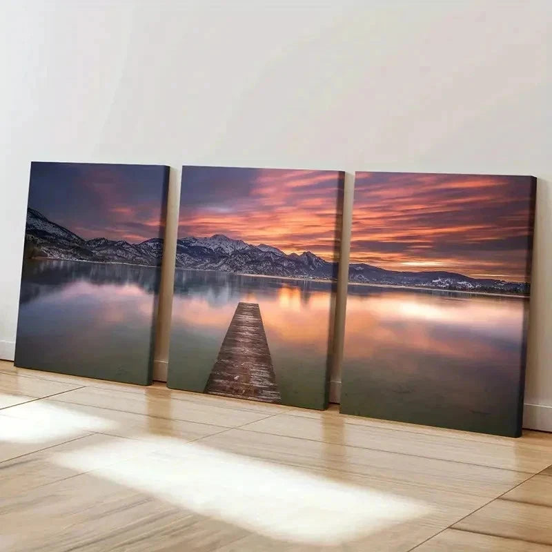 3pcs Landscape with Sunset Mountains & Lakes Wall Art Set Canvas Framed 40x60cm - High Quality Print 100% Australian Made Wall Canvas Ready to Hang - Bella Home Decor