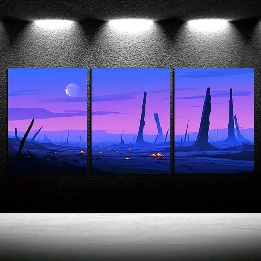 3pcs Vibrant Purple Planet Ruins Theme Wall Art Set Canvas Framed 50x70cm - High Quality Print 100% Australian Made Wall Canvas Ready to Hang