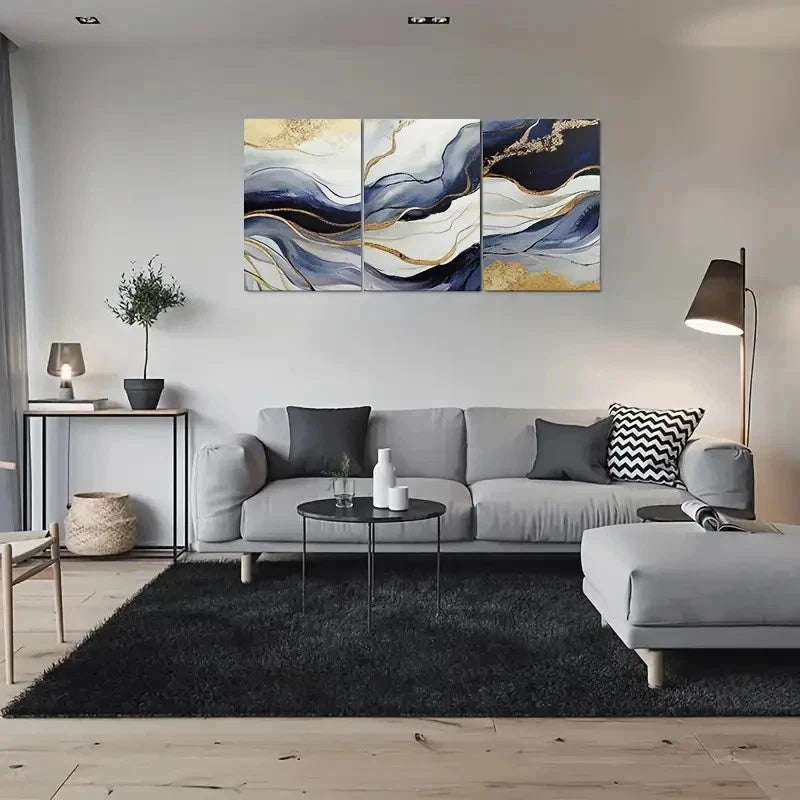 3pcs Blue White and Golden Abstract Metal Print Ready to Hang Art - Bella Home Decor