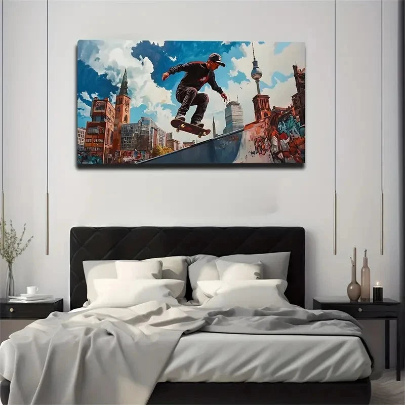 Skateboarder Blue Sky Aesthetic Wall Art Canvas Office Home Room Framed 120x60cm
