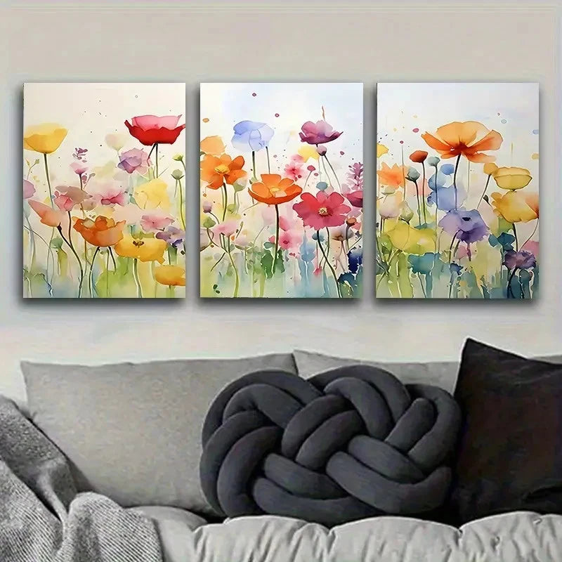 3pcs Colorful Watercolor Poppies Wall Art Set Canvas Framed 50x70cm - High Quality Print 100% Australian Made Wall Canvas Ready to Hang - Bella Home Decor