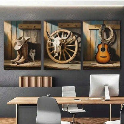 3pcs Western Cowboy Theme  Wall Art Set Canvas Framed 40x60cm - High Quality Print 100% Australian Made Wall Canvas Ready to Hang - Bella Home Decor