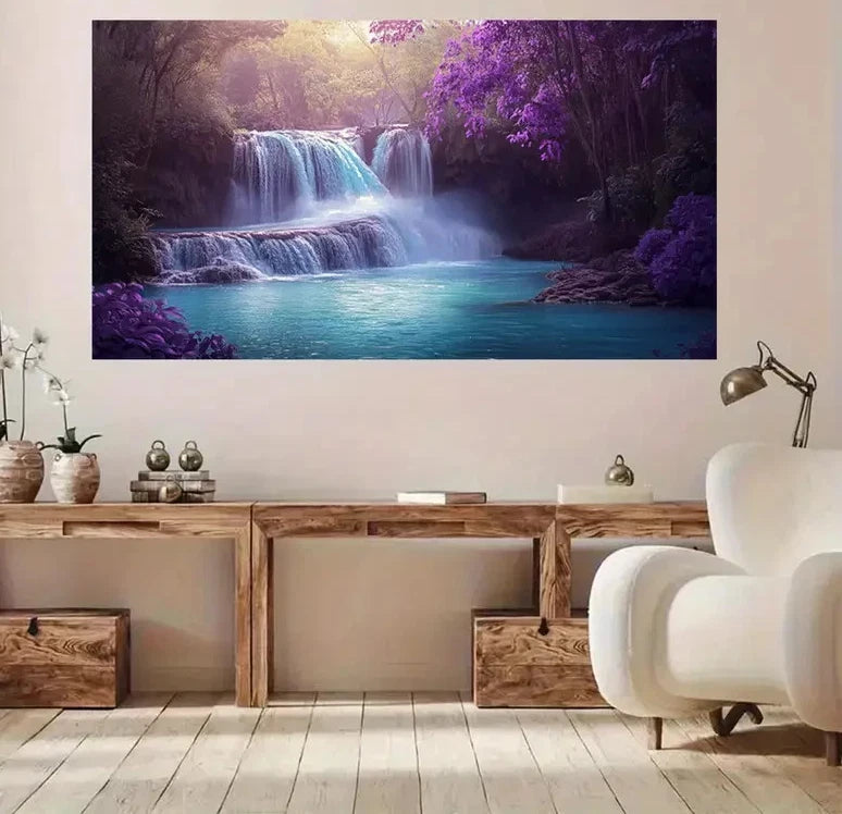 Retro Purple Waterfall Nature  Wall Art Canvas Office Home Room Framed 120x60cm