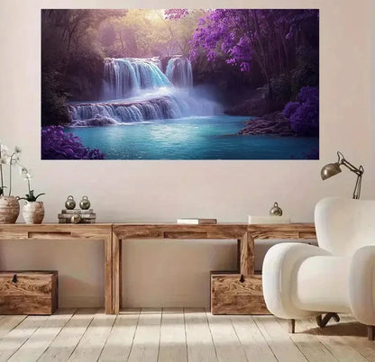 Retro Purple Waterfall Nature  Wall Art Canvas Office Home Room Framed 120x60cm