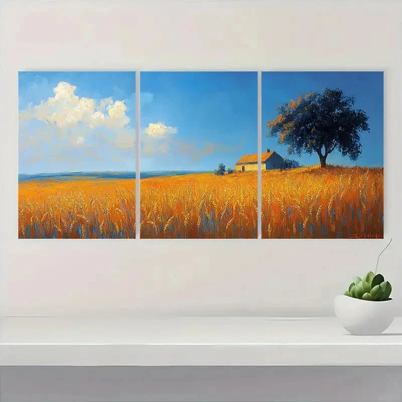 3pcs Van Gogh Wheat Field Blue & Golden Art  Wall Art Set Canvas Framed 40x60cm - High Quality Print 100% Australian Made Wall Canvas Ready to Hang - Bella Home Decor