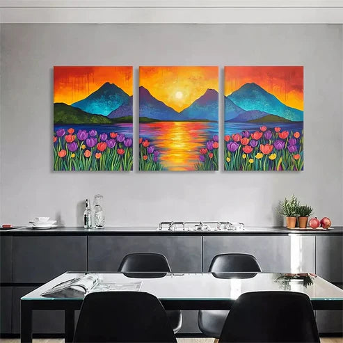 3pcs Vibrant Sunset Mountain Lake Tulip Wall Art Canvas Unframed - High Quality Print 100% Australian Made Wall Canvas