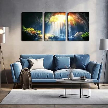 3pcs Waterfall & Cave Landscape Wall Art Canvas Unframed - High Quality Print 100% Australian Made Wall Canvas