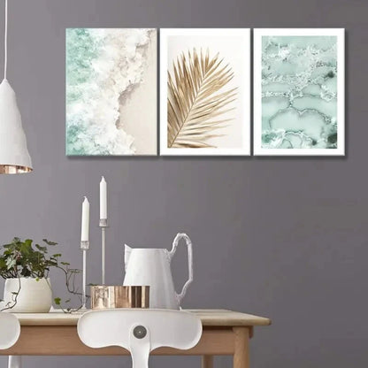 3pcs Abstract Green Marble & Golden Palm Leaf Metal Print Ready to Hang Art