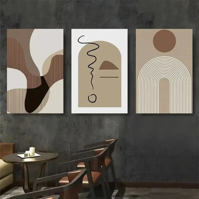 3pcs Abstract Beige Geometric Metal Print Ready to Hang Art - Bella Home Decor