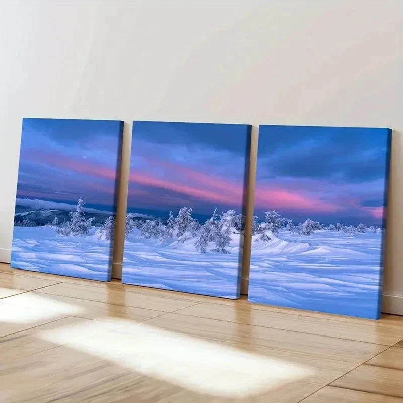 3pcs Snowscape Sunset & Trees, Modern Wall Art Set Canvas Framed 40x60cm - High Quality Print 100% Australian Made Wall Canvas Ready to Hang - Bella Home Decor