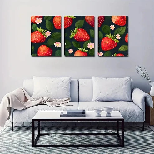 3pcs Beautiful Strawberry Light Style Wall Art Canvas Unframed - High Quality Print 100% Australian Made Wall Canvas - Bella Home Decor