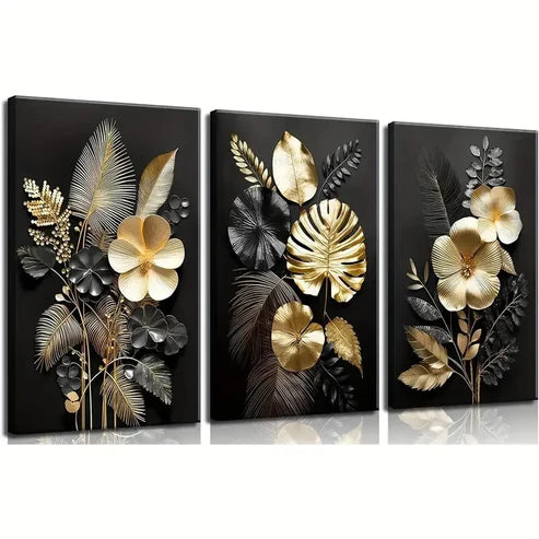 3pcs Set of Black Golden Plant Flowers Wall Art Set Canvas Unframed - High Quality Print 100% Australian Made Wall Canvas