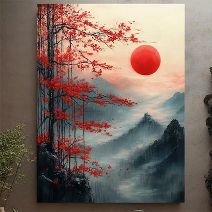 Japanese Red Maple Misty Mountain Landscape 60x90cm Metal Print Ready to Hang