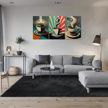 3pcs Vibrant Coffee Cup Colourful Metal Print Ready to Hang Art