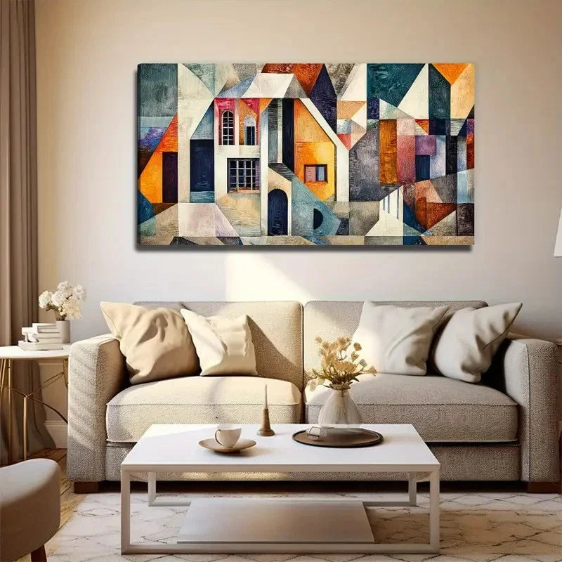 Cubist House Decoration Wall Art Canvas Office Home Room Framed 120x60cm