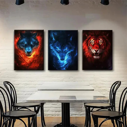 3pcs Fire and Ice Wolf & Tiger Wall Art Canvas Unframed - High Quality Print 100% Australian Made Wall Canvas