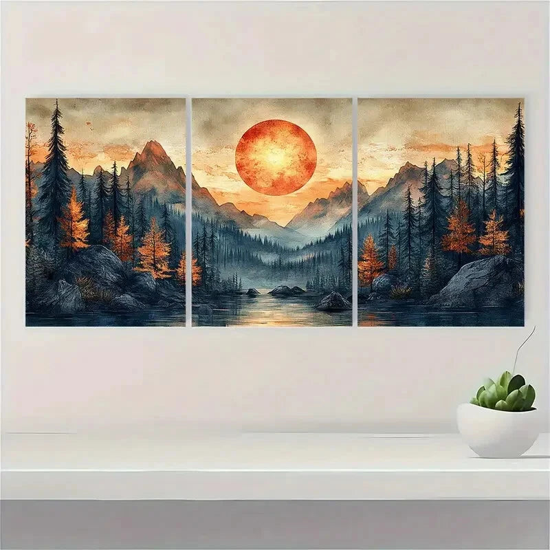 3pcs Abstract Sun Mountain Forest Nature Metal Print Ready to Hang Art - Bella Home Decor