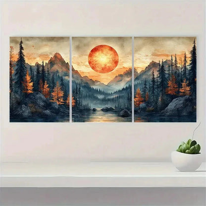 3pcs Abstract Sun Mountain Forest Nature Metal Print Ready to Hang Art - Bella Home Decor