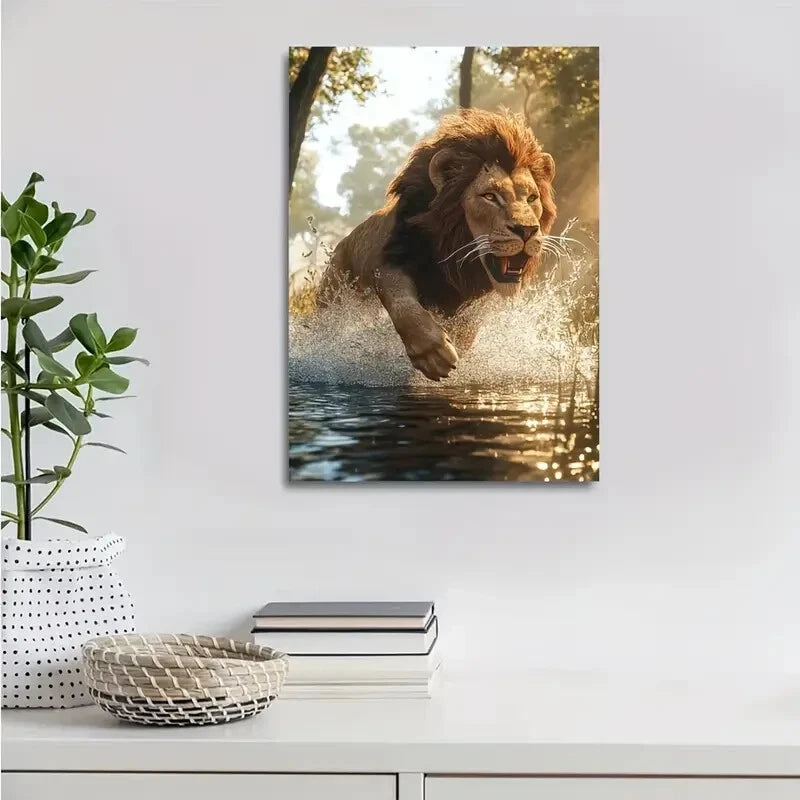 Steampunk Lion Splashing In Water On Sunny 40x60cm Metal Print Ready to Hang - Bella Home Decor