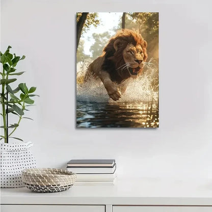 Steampunk Lion Splashing In Water On Sunny 40x60cm Metal Print Ready to Hang - Bella Home Decor