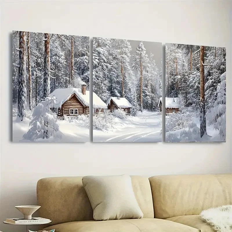 3pcs Winter Village Art Rustic Snowy Cabins Wall Art Set Canvas Framed 50x70cm - High Quality Print 100% Australian Made Wall Canvas Ready to Hang - Bella Home Decor