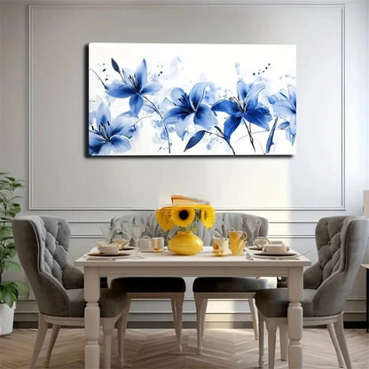 Blue Floral Modern Aesthetic Wall Art Canvas Office Home Room Framed 120x60cm