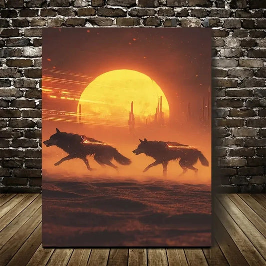 Dramatic Wolves & Glowing Orange Sky Scene Painting 40x60cm Metal Print Ready to Hang - Bella Home Decor