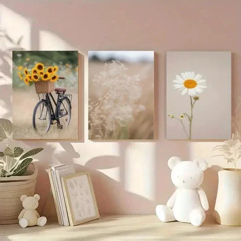 3pcs Bicycle, Wildflowers, Dandelion Wall Art Set Canvas Unframed - High Quality Print 100% Australian Made Wall Canvas - Bella Home Decor