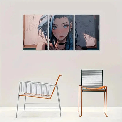 3pcs Anime Girl Blue Hair Tattooed Woman Metal Print Ready to Hang Art - Bella Home Decor