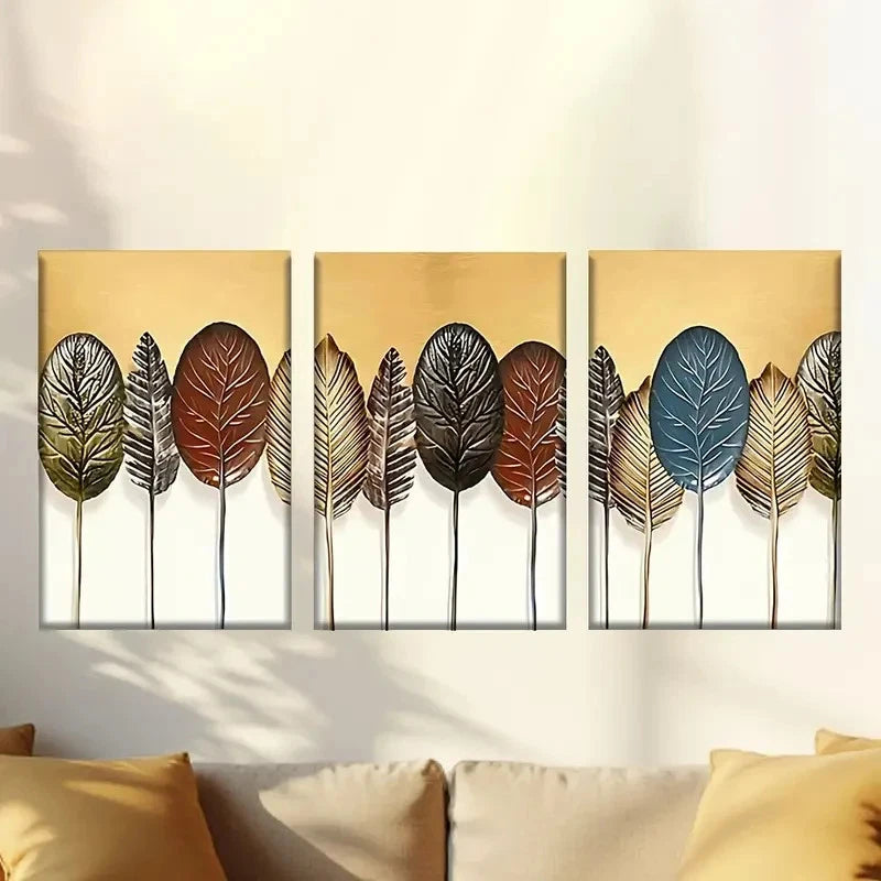 3pcs a row of metal leaves on a Golden Wall Art Set Canvas Framed 60x90cm - High Quality Print 100% Australian Made Wall Canvas Ready to Hang - Bella Home Decor