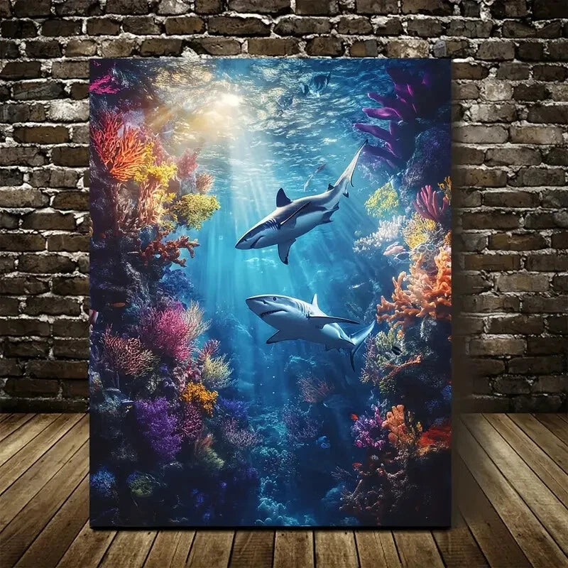 Vibrant Underwater Shark Wrestling Painting 40x60cm Metal Print Ready to Hang - Bella Home Decor