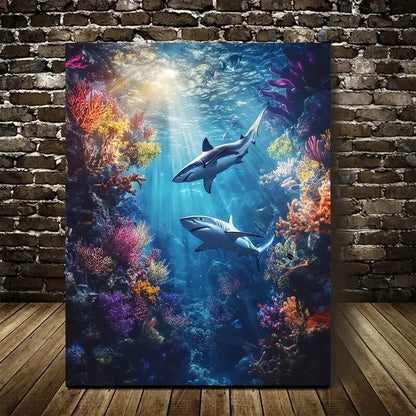 Vibrant Underwater Shark Wrestling Painting 40x60cm Metal Print Ready to Hang - Bella Home Decor
