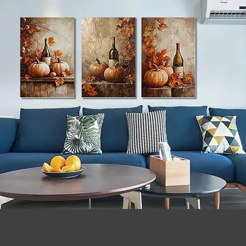 3pcs Pumpkins Wine Bottles & Fall Leaves Wall Art Set Canvas Unframed - High Quality Print 100% Australian Made Wall Canvas