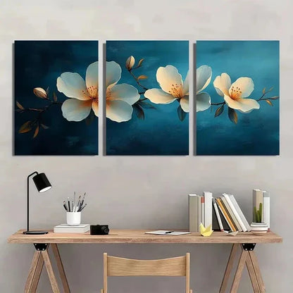 3pcs Blue Background with White Flowers Wall Art Canvas Unframed - High Quality Print 100% Australian Made Wall Canvas - Bella Home Decor