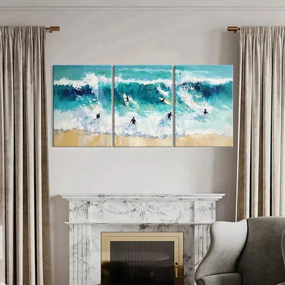 3pcs Vibrant Sea Landscape with Surfers Wall Art Set Canvas Framed 50x70cm - High Quality Print 100% Australian Made Wall Canvas Ready to Hang - Bella Home Decor