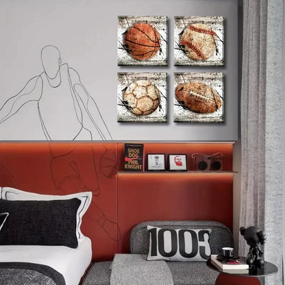 4pcs Baseball, Soccer & Football Wall Art Canvas Framed