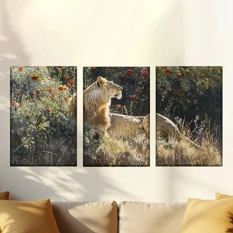 3pcs Enchanting flowers and lions Wall Art Set Canvas Framed 40x60cm - High Quality Print 100% Australian Made Wall Canvas Ready to Hang - Bella Home Decor