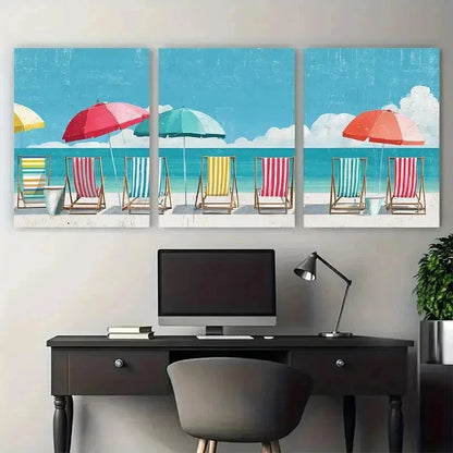 3pcs Henry Rivers Beach Deckchair Sea Perfect Wall Art Canvas Framed 40x60cm - High Quality Print 100% Australian Made Wall Canvas Ready to Hang