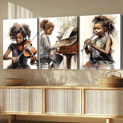 3pcs Black African American Girl Musical Instruments Wall Art Set Canvas Unframed - High Quality Print 100% Australian Made Wall Canvas - Bella Home Decor