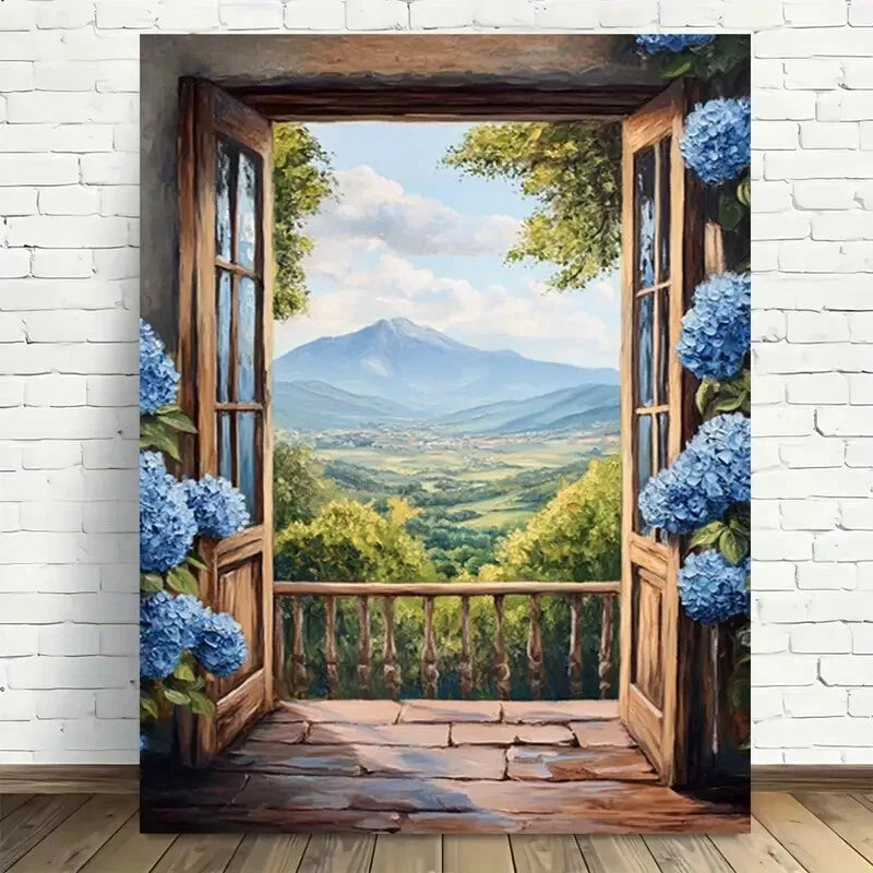 Beautiful Open Window To Serene Valley Painting 40x60cm Metal Print Ready to Hang - Bella Home Decor