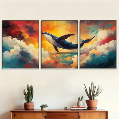 3pcs Majestic Whale Vivid Clouds Sky Perfect Wall Art Set Canvas Unframed - High Quality Print 100% Australian Made Wall Canvas