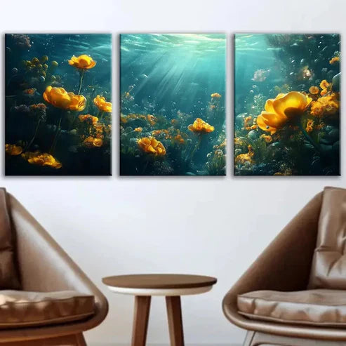 3pcs Beautiful Sea Flowers And Fish Blue Water Wall Art Set Canvas Unframed - High Quality Print 100% Australian Made Wall Canvas - Bella Home Decor
