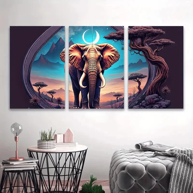 3pcs Majestic Elephant Under The Cosmic Moon Wall Art Set Canvas Framed 60x90cm - High Quality Print 100% Australian Made Wall Canvas Ready to Hang - Bella Home Decor